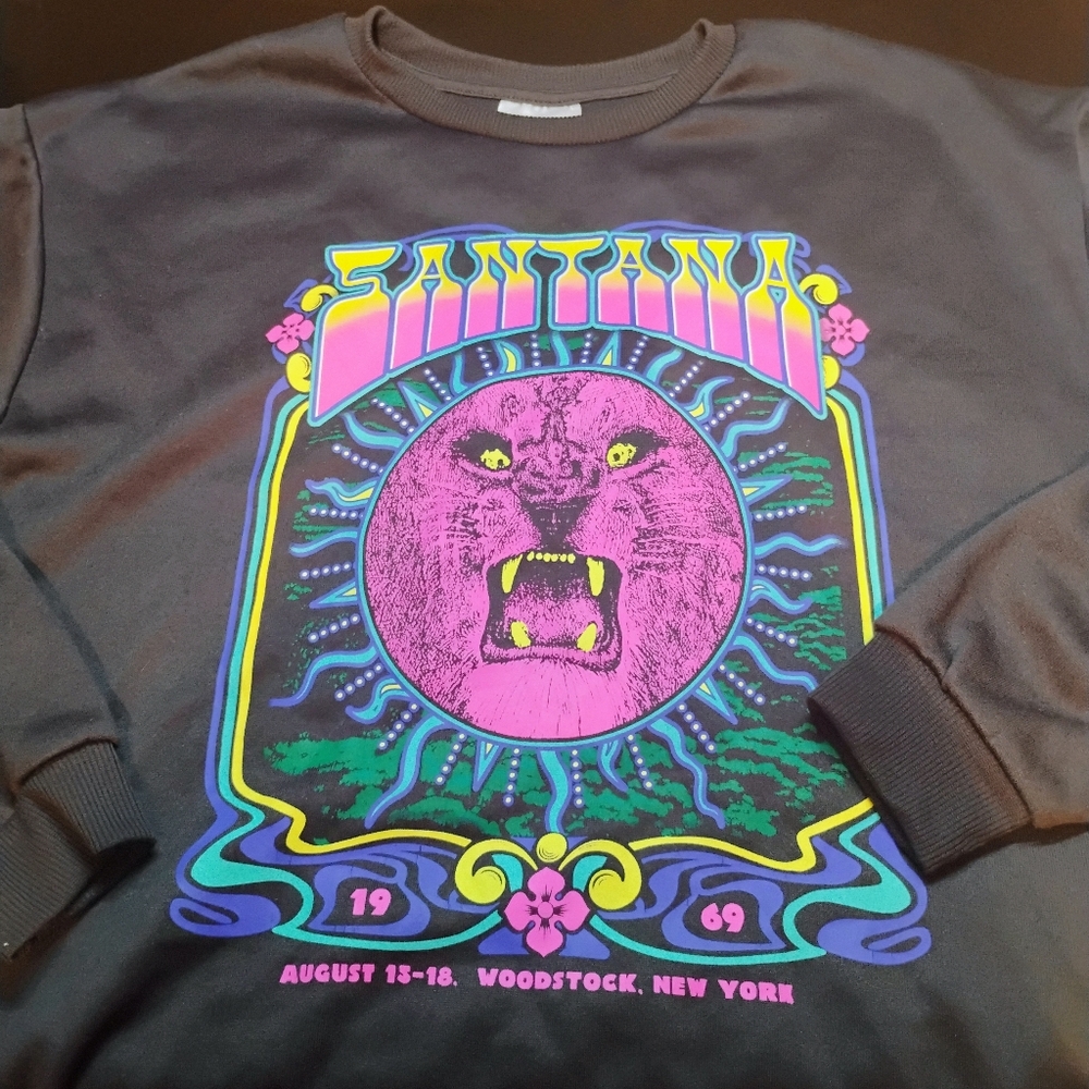 Carlos SANTANA Woodstock Black Pullover Sweatshirt Purple Lion Womens Medium C